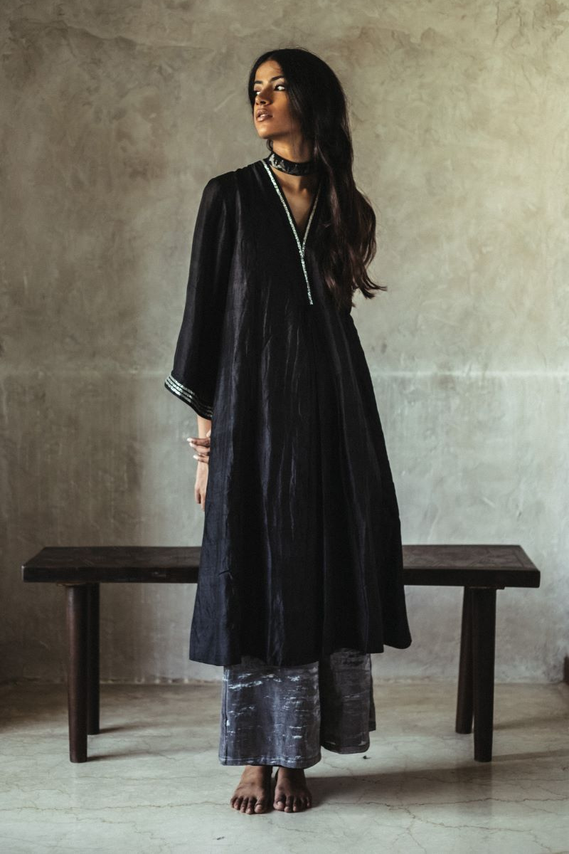 Shashiko Dress in Black Silk With Silver Tissue Palazzo