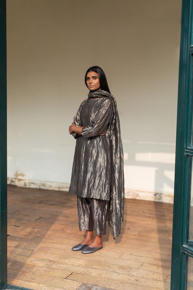 Hk Tunic In Silver Handloom Tissue With Shalwar