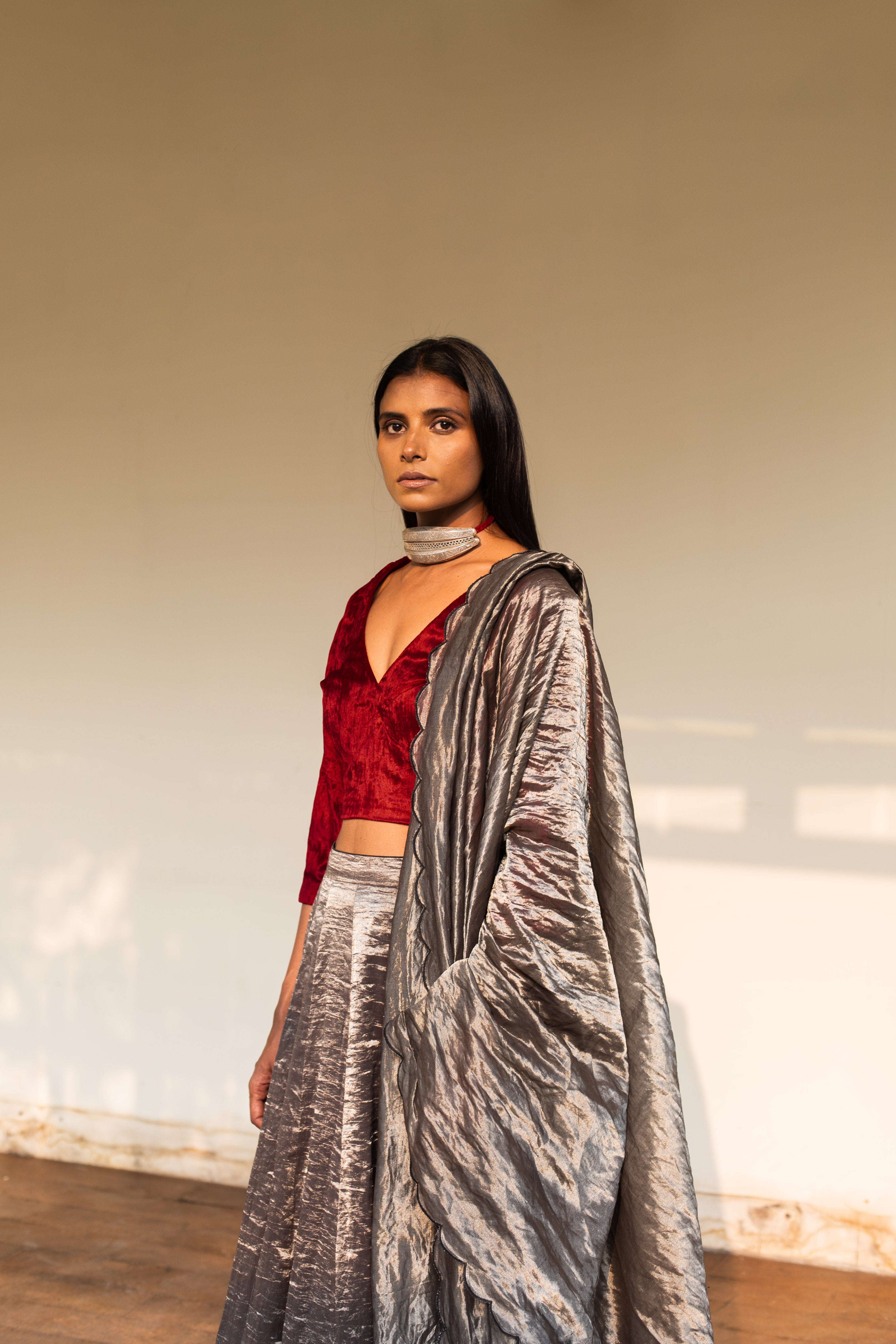 Silver Black Tissue Lehenga Set