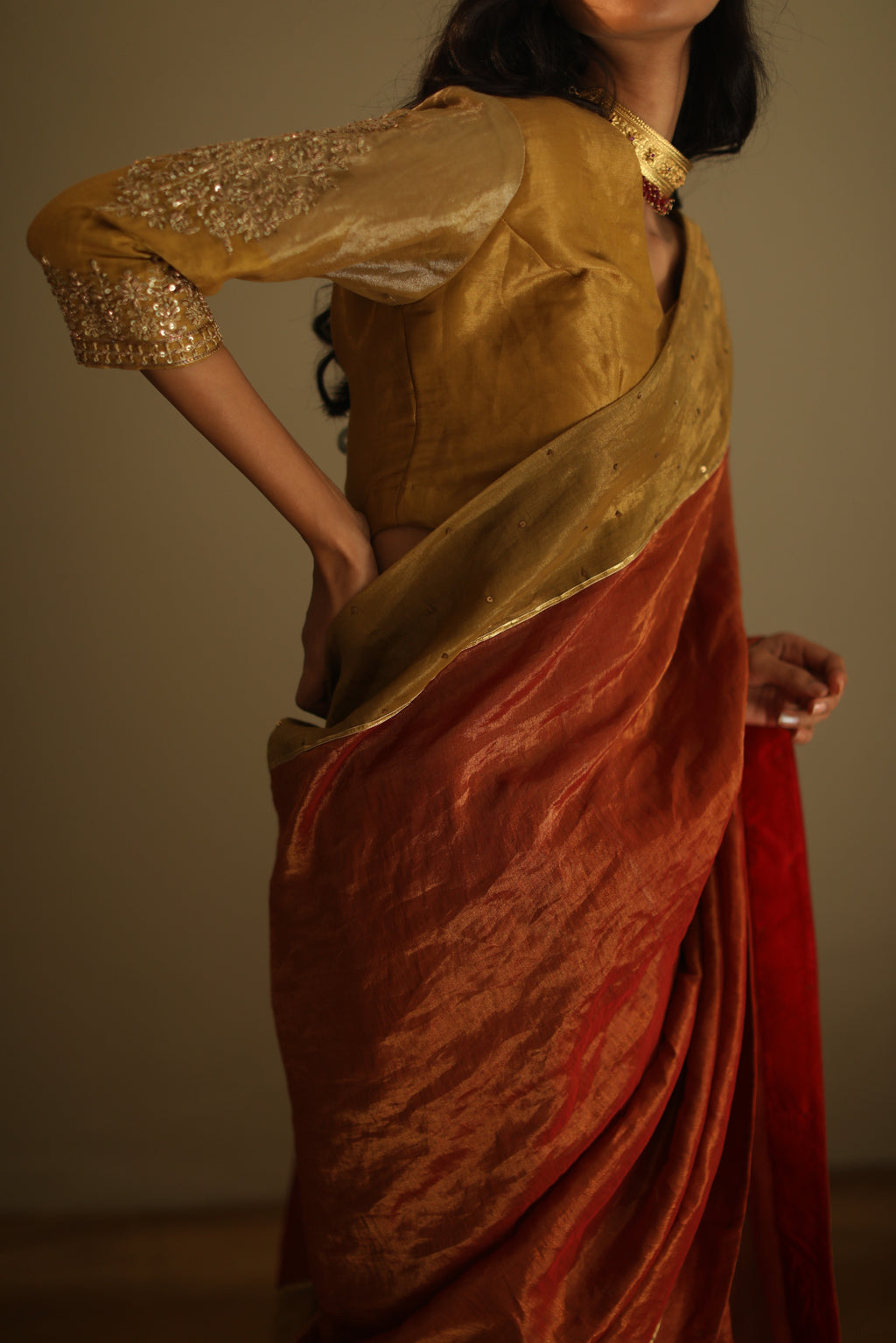 Sari In Deep Rust Red Handloom Tissue