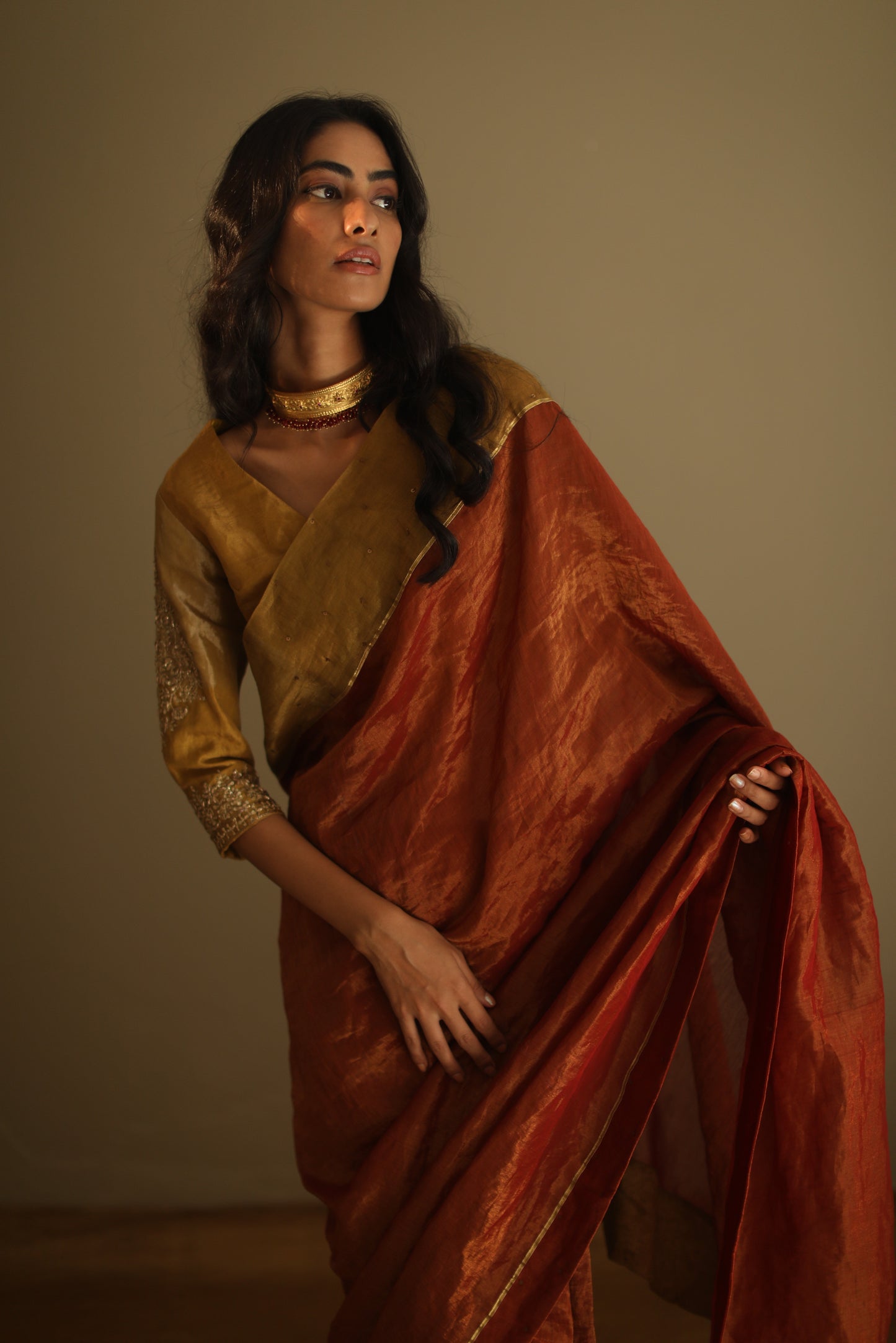 Sari In Deep Rust Red Handloom Tissue