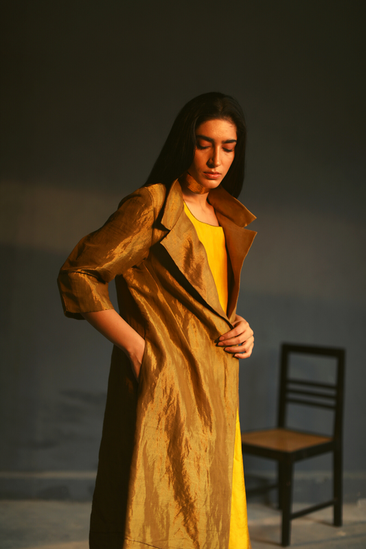 Sally Jacket In Antique Gold Handloom Tissue With Yellow Motichoor Silk Slip