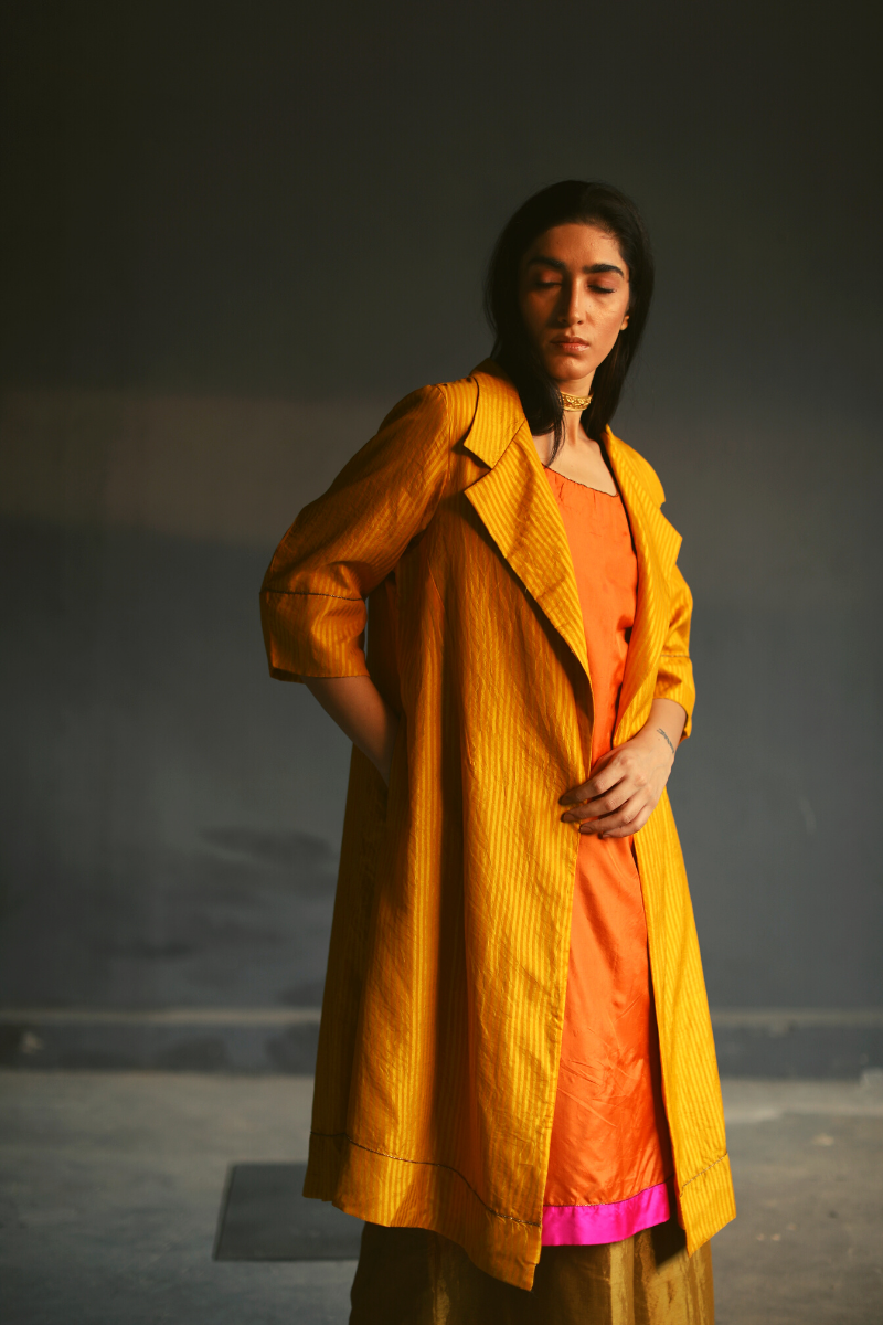 Sally Jacket In Striped Motichoor Yellow Pure Silk With Jalebi Orange Chanderi Slip