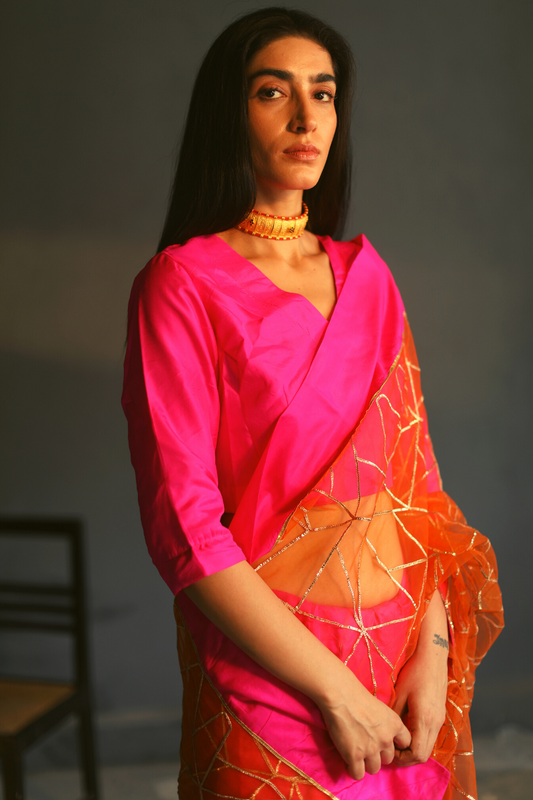 Sari In Pure Pink Silk & Deco Gota Work