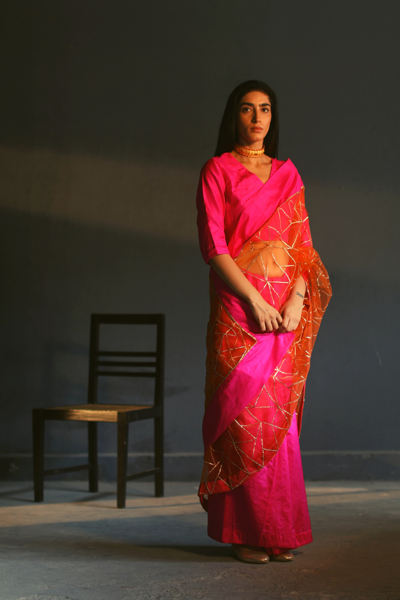 Sari In Pure Pink Silk & Deco Gota Work