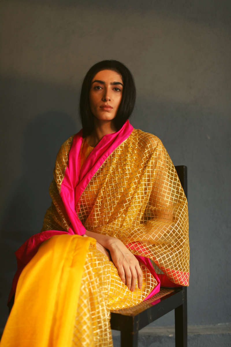 Sari In Yellow Handloom Chanderi & Deco Gota Work