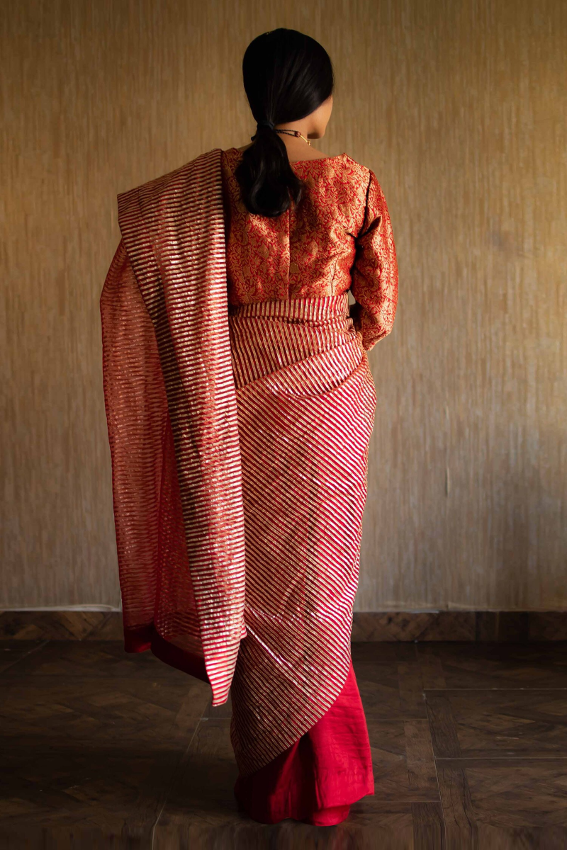 CC Sari In Red Half Gota Stipes Half Silk