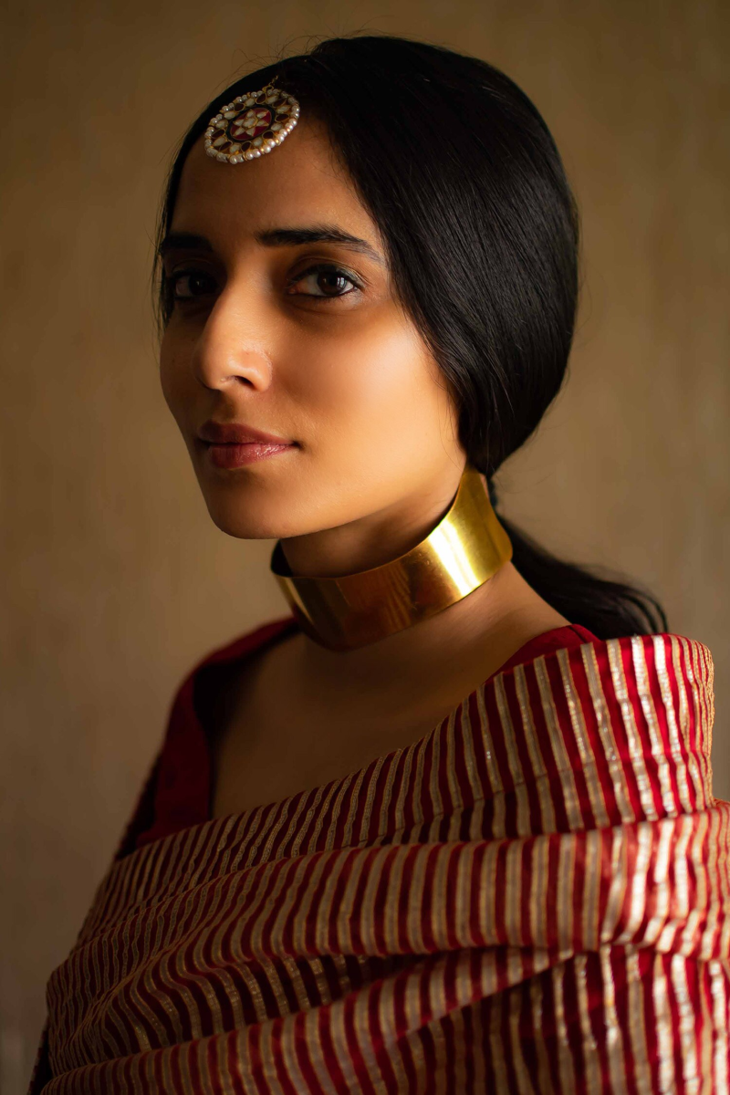 CC Sari In Red Half Gota Stipes Half Silk