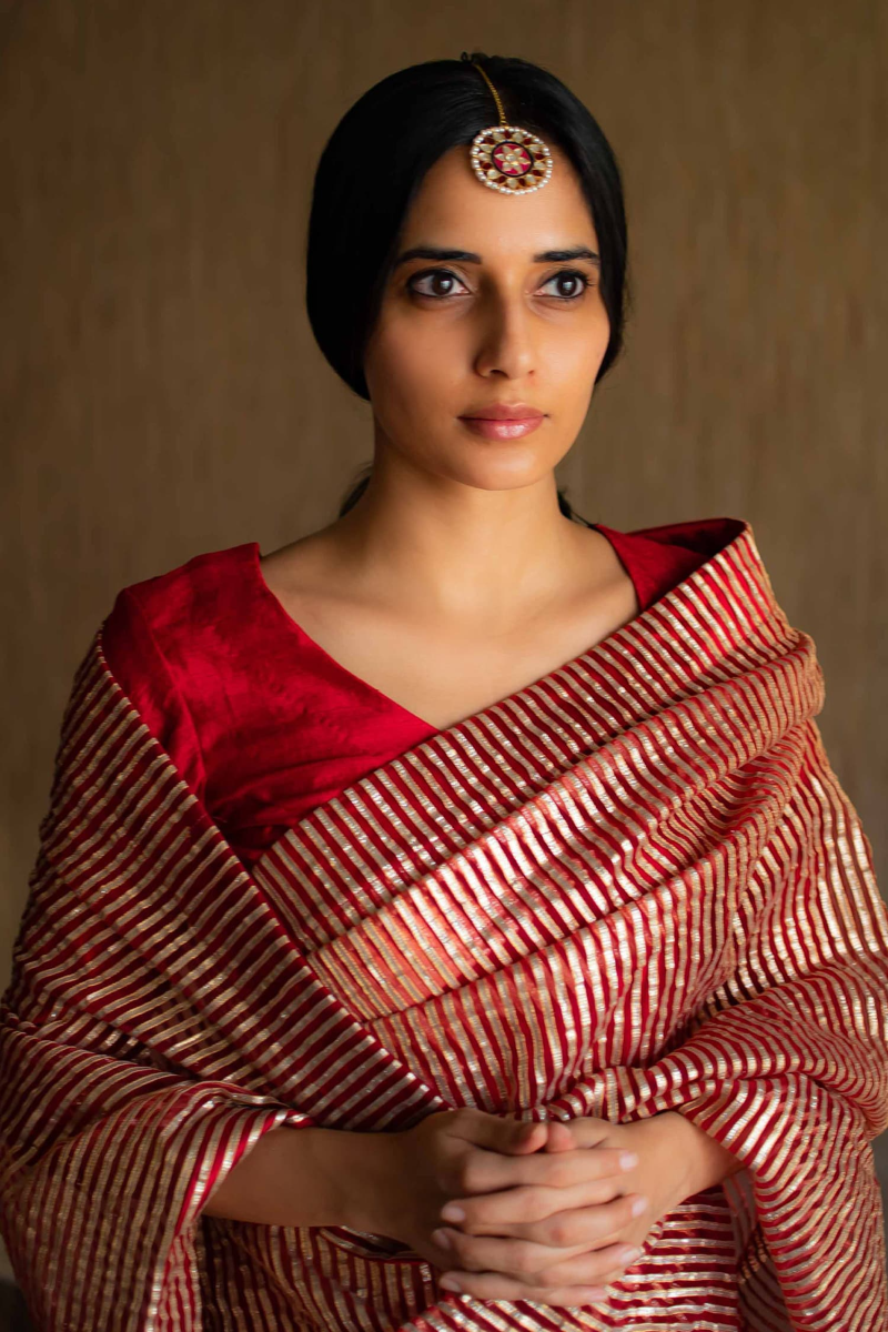 CC Sari In Red Half Gota Stipes Half Silk