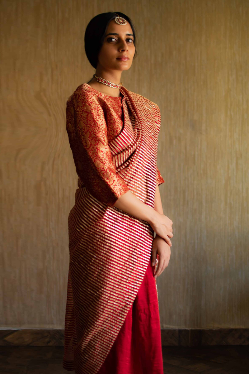 CC Sari In Red Half Gota Stipes Half Silk
