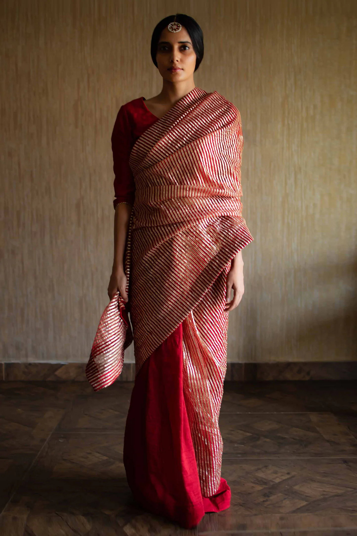 CC Sari In Red Half Gota Stipes Half Pure Silk