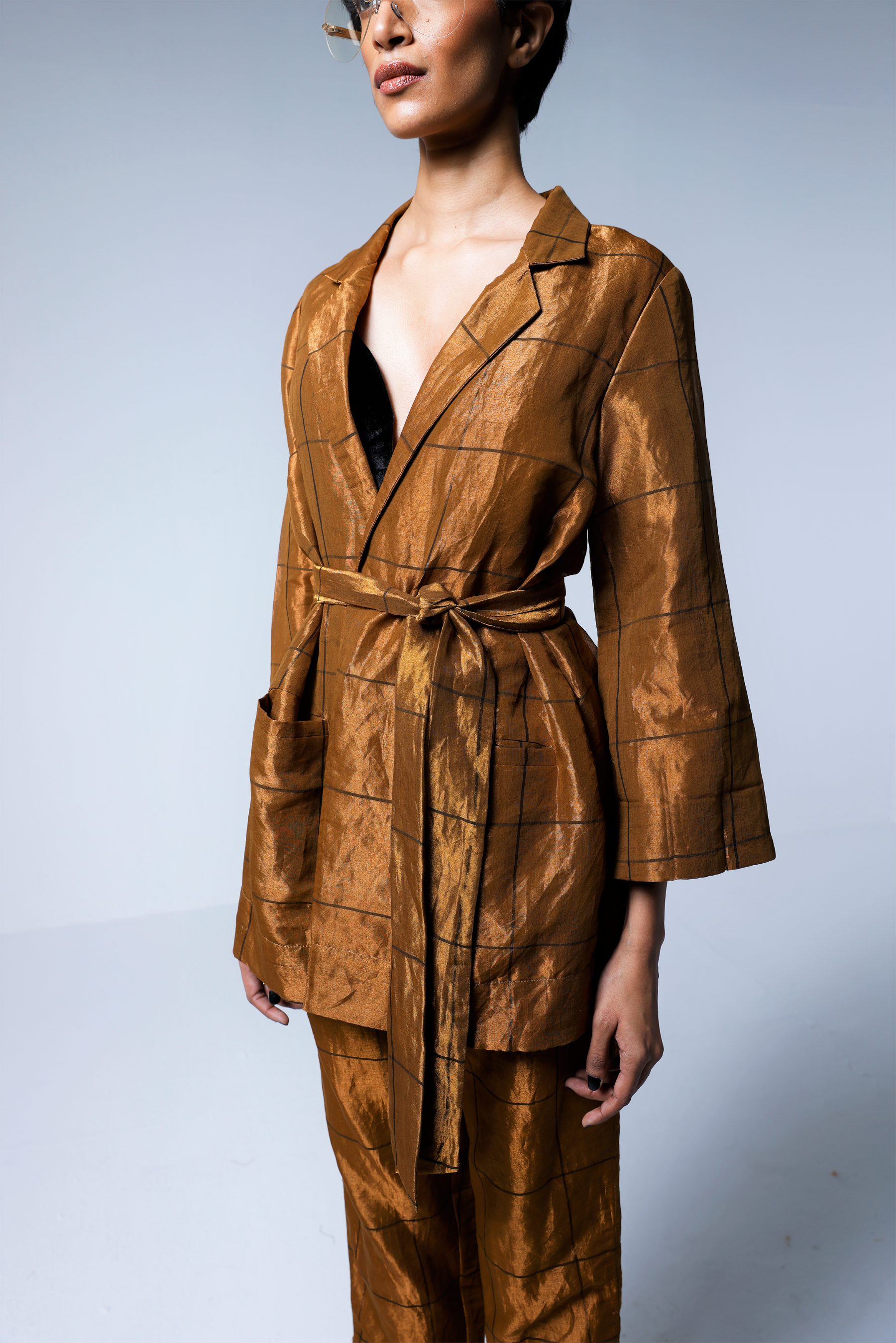 Oversized Blazer & Cigarette Pants in Table checks Copper Tissue