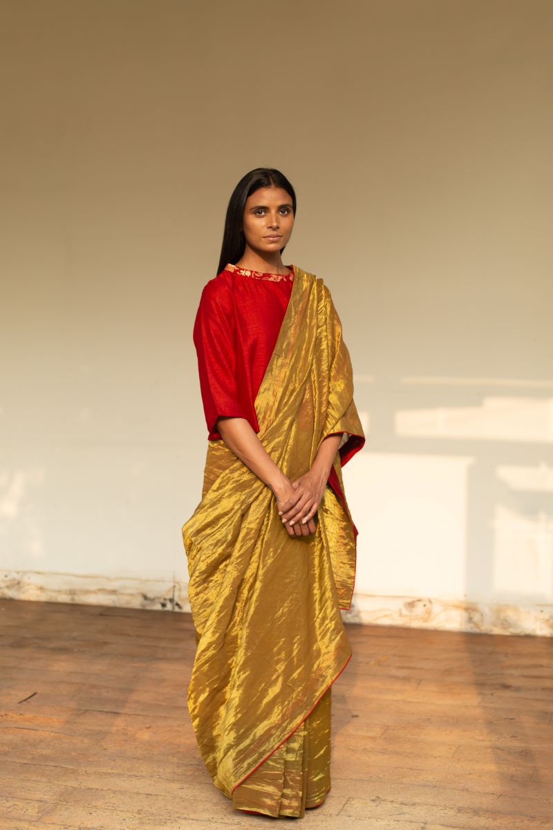 Sari In Pale Gold Handwoven Tissue