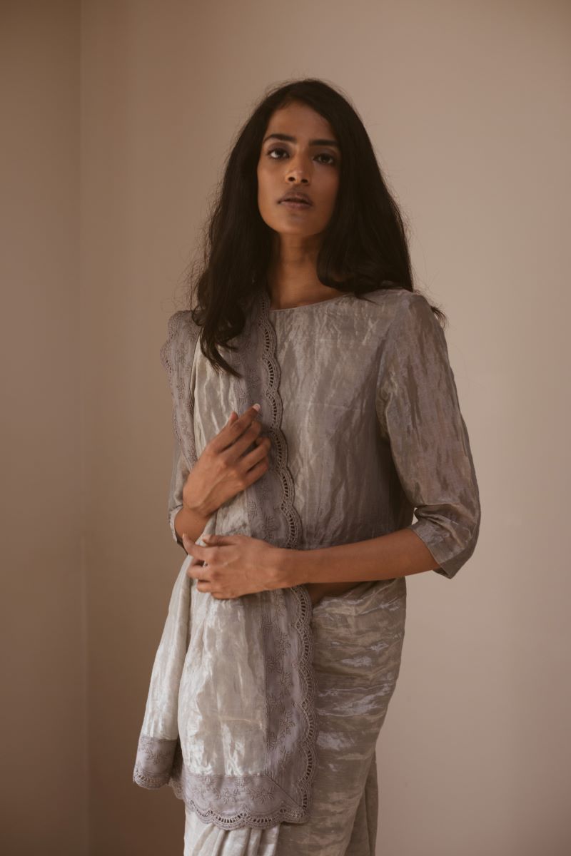 Smokey grey tissue Saree